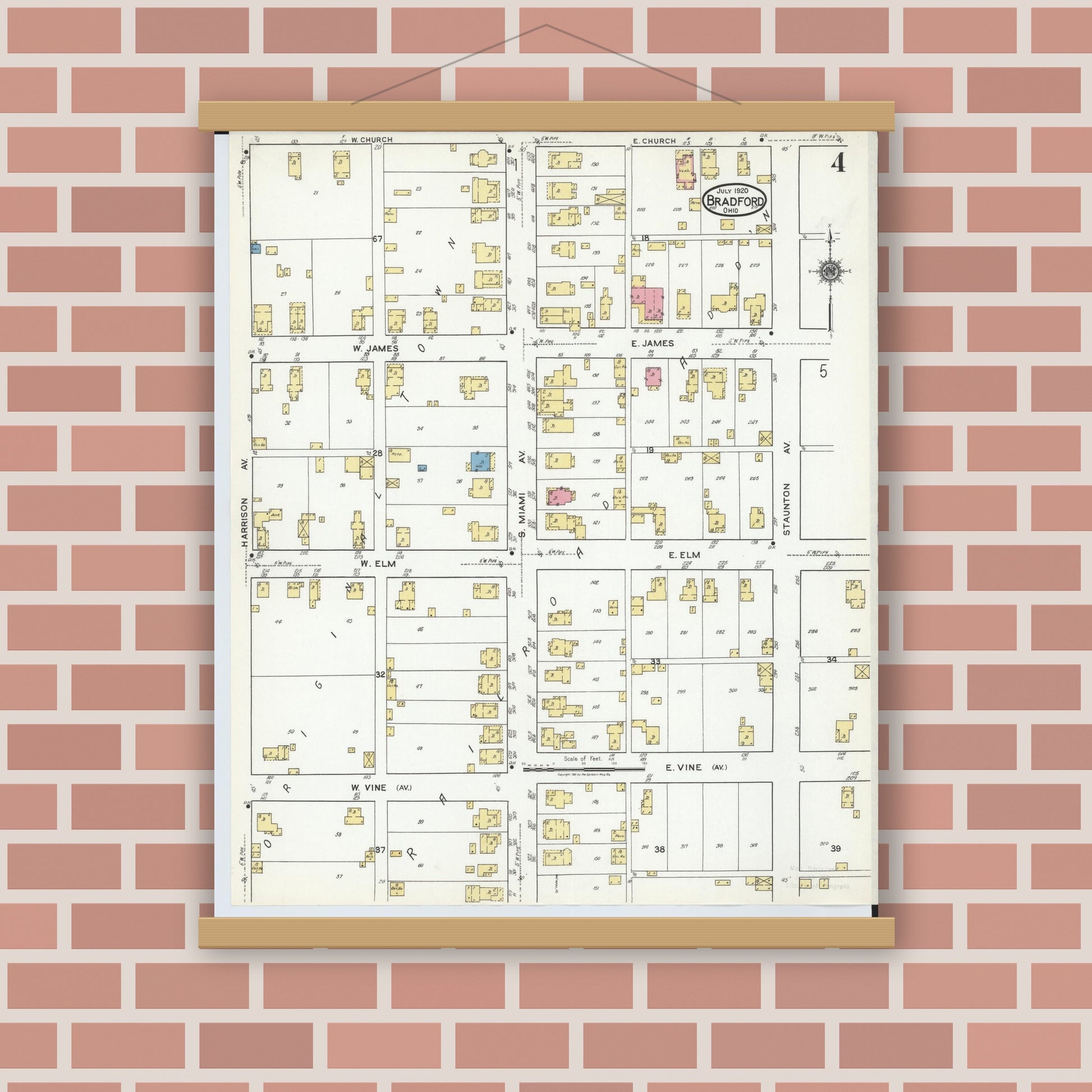 Old map wall art mockup — magnetic wood frame on brick wall — Sanborn Fire Insurance Map from Bradford, Darke and Miami Counties, Ohio (1920), Sheet #0004