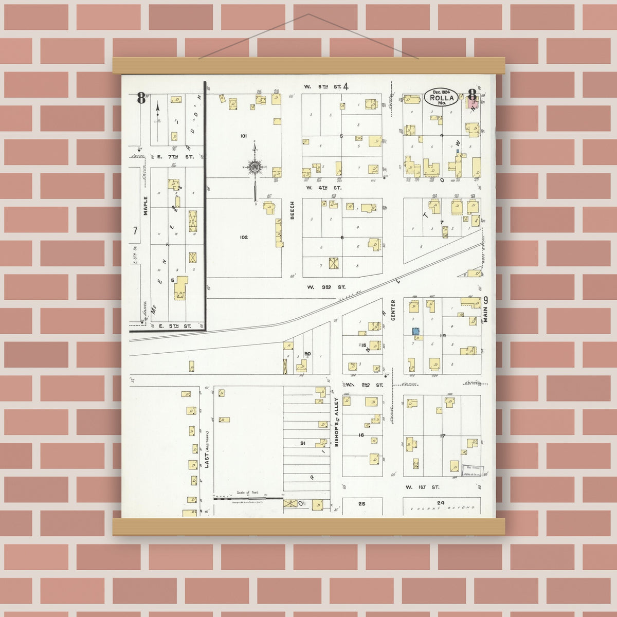 Old map wall art mockup — magnetic wood frame on brick wall — Sanborn Fire Insurance Map from Rolla, Phelps County, Missouri (1924), Sheet #0008