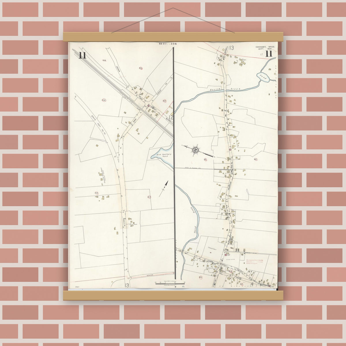 Old map wall art mockup — magnetic wood frame on brick wall — Sanborn Fire Insurance Map from Cohasset, Norfolk County, Massachusetts (1940), Sheet #0011