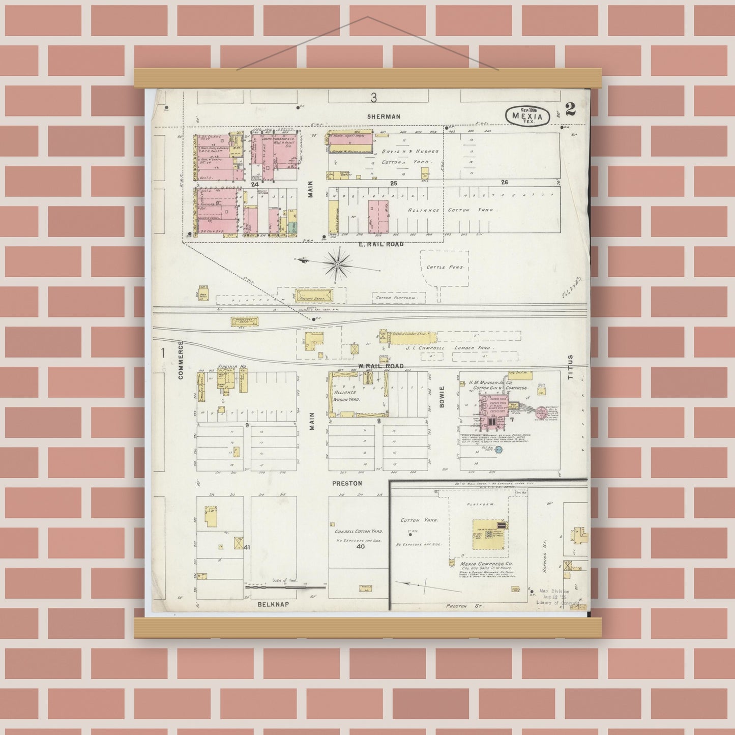 Old map wall art mockup — magnetic wood frame on brick wall — Sanborn Fire Insurance Map from Mexia, Limestone County, Texas (1896), Sheet #0002