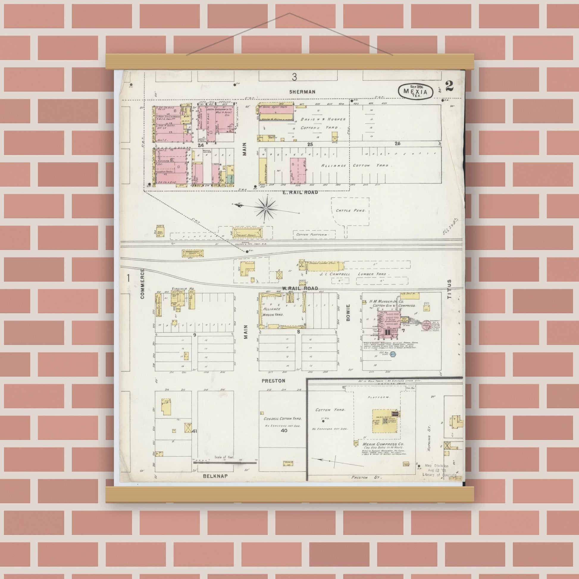 Old map wall art mockup — magnetic wood frame on brick wall — Sanborn Fire Insurance Map from Mexia, Limestone County, Texas (1896), Sheet #0002