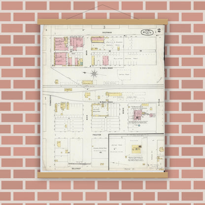 Old map wall art mockup — magnetic wood frame on brick wall — Sanborn Fire Insurance Map from Mexia, Limestone County, Texas (1896), Sheet #0002