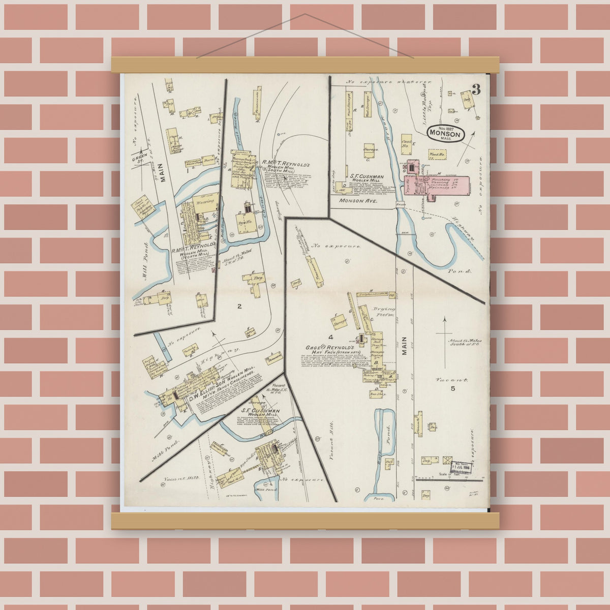 Old map wall art mockup — magnetic wood frame on brick wall — Sanborn Fire Insurance Map from Monson, Hampden County, Massachusetts (1887), Sheet #0003