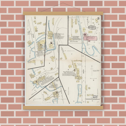 Old map wall art mockup — magnetic wood frame on brick wall — Sanborn Fire Insurance Map from Monson, Hampden County, Massachusetts (1887), Sheet #0003