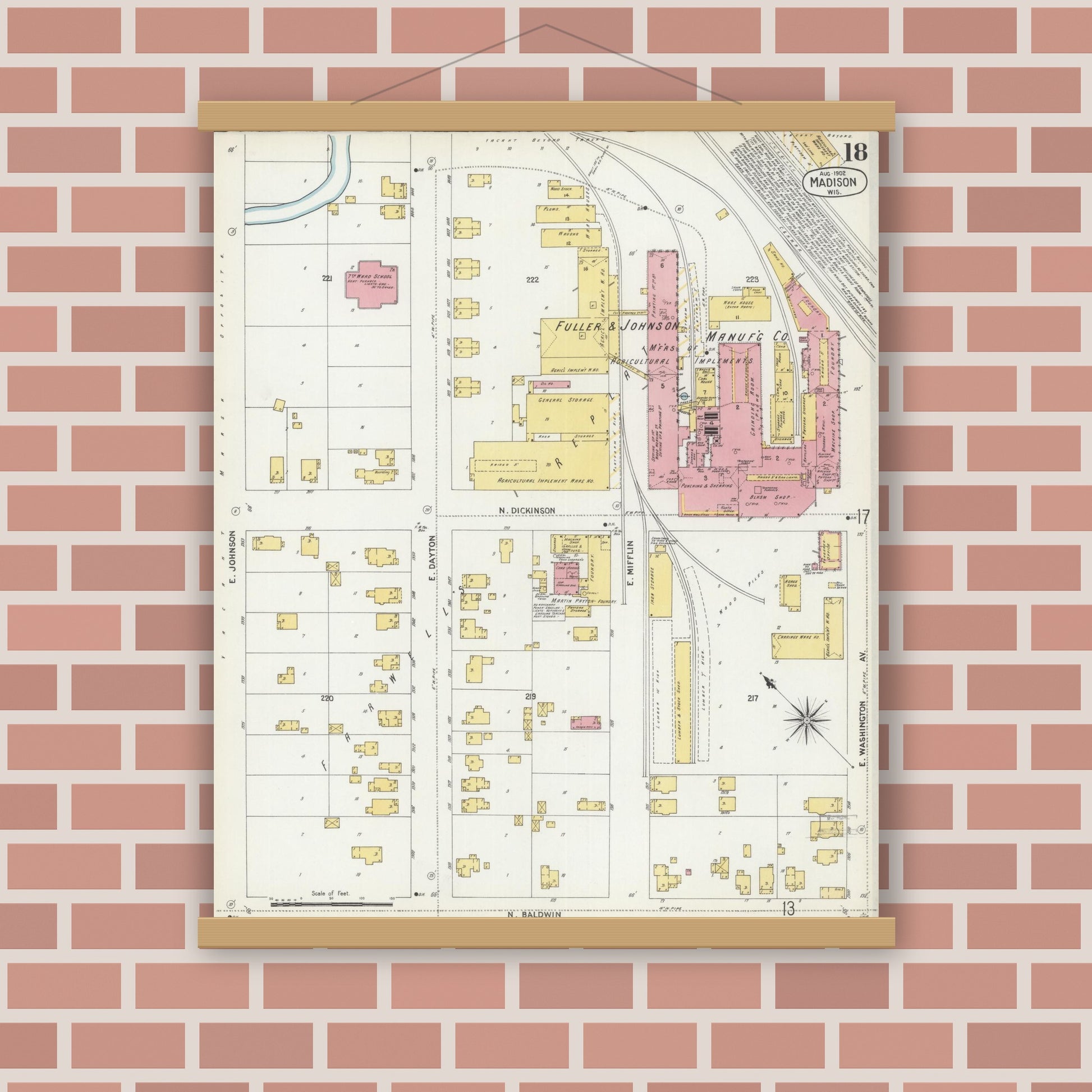 Old map wall art mockup — magnetic wood frame on brick wall — Sanborn Fire Insurance Map from Madison, Dane County, Wisconsin (1902), Sheet #0018