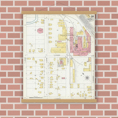Old map wall art mockup — magnetic wood frame on brick wall — Sanborn Fire Insurance Map from Madison, Dane County, Wisconsin (1902), Sheet #0018