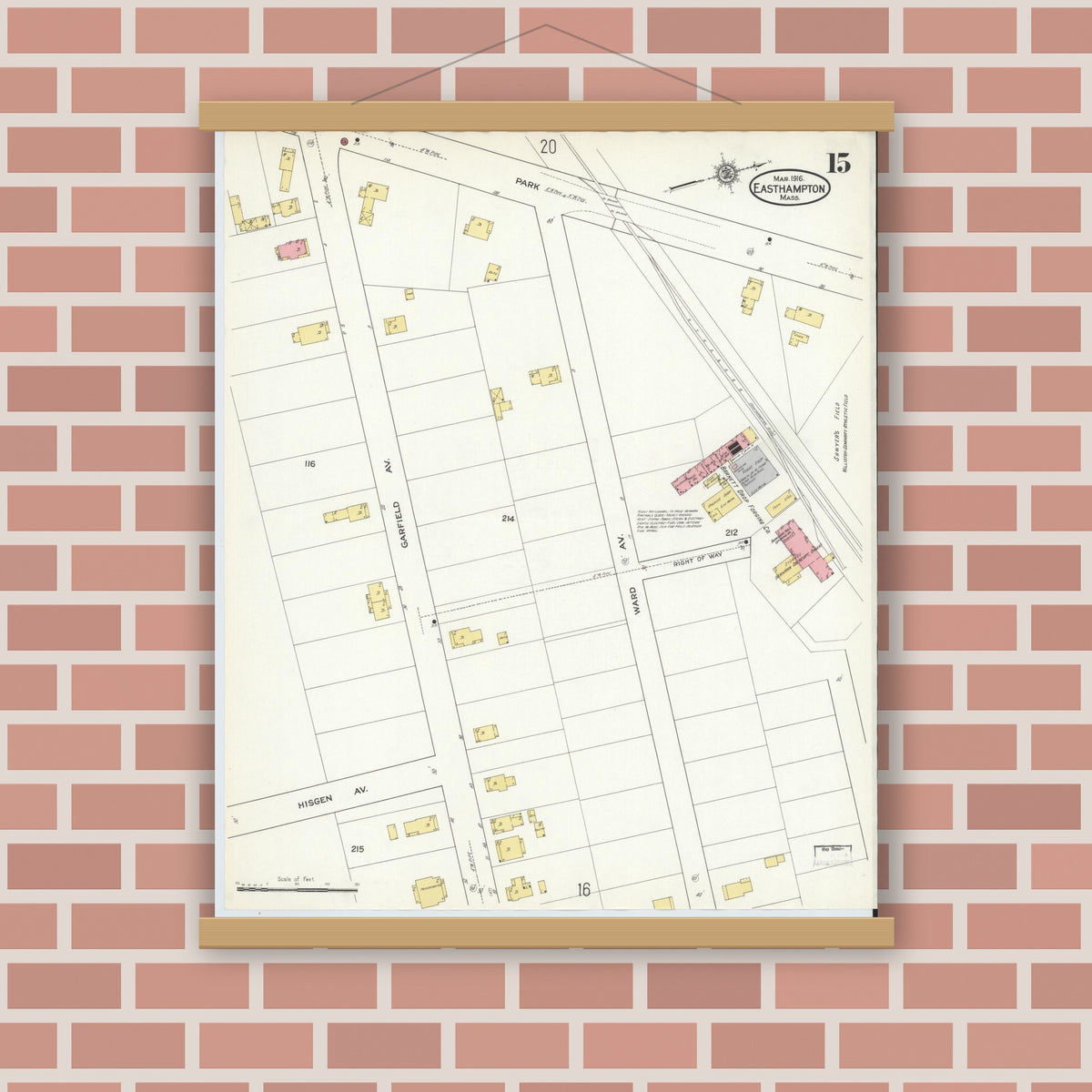 Old map wall art mockup — magnetic wood frame on brick wall — Sanborn Fire Insurance Map from East Hampton, Hampshire County, Massachusetts (1916), Sheet #0015