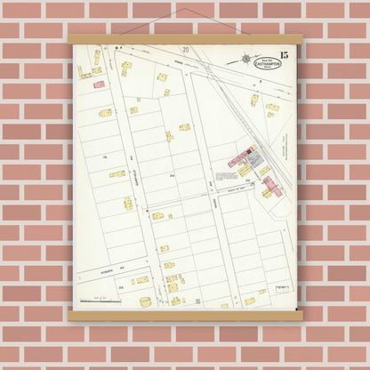 Old map wall art mockup — magnetic wood frame on brick wall — Sanborn Fire Insurance Map from East Hampton, Hampshire County, Massachusetts (1916), Sheet #0015