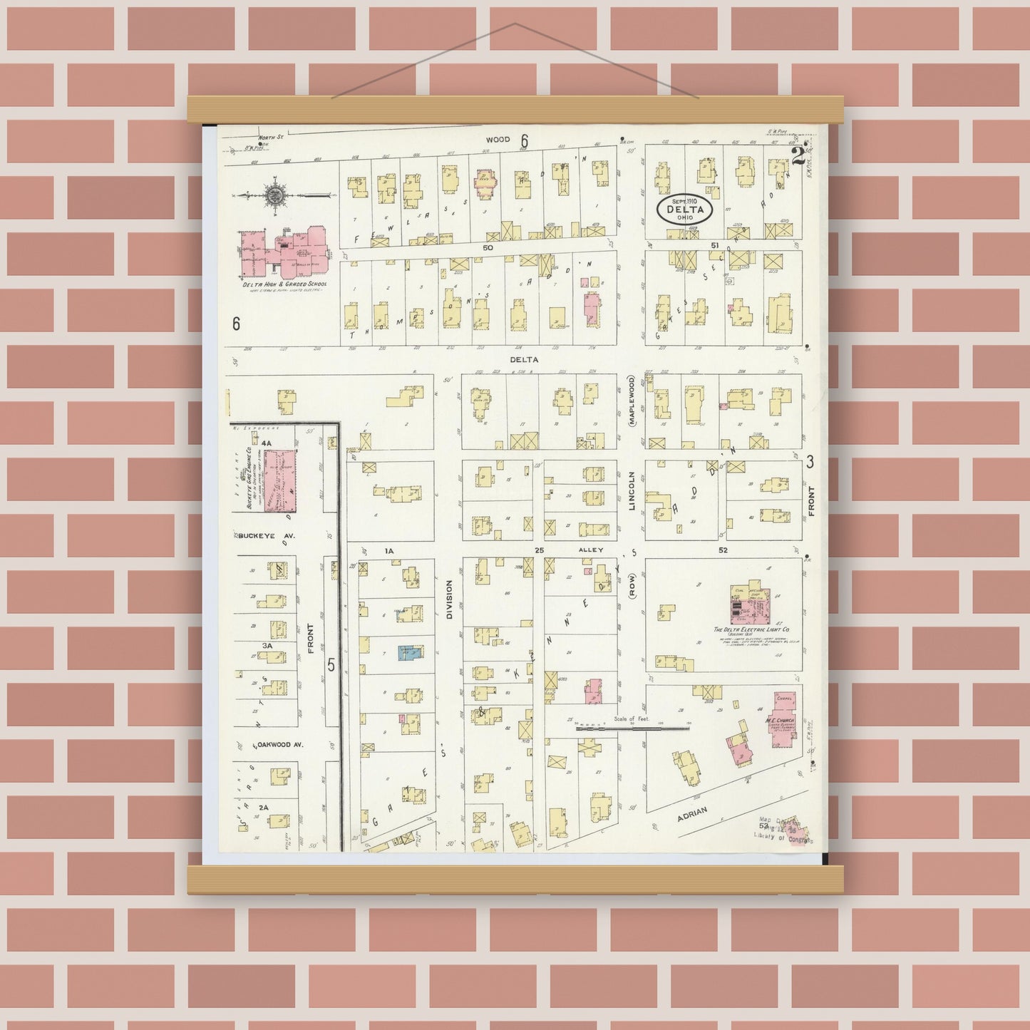 Old map wall art mockup — magnetic wood frame on brick wall — Sanborn Fire Insurance Map from Delta, Fulton County, Ohio (1905), Sheet #0006