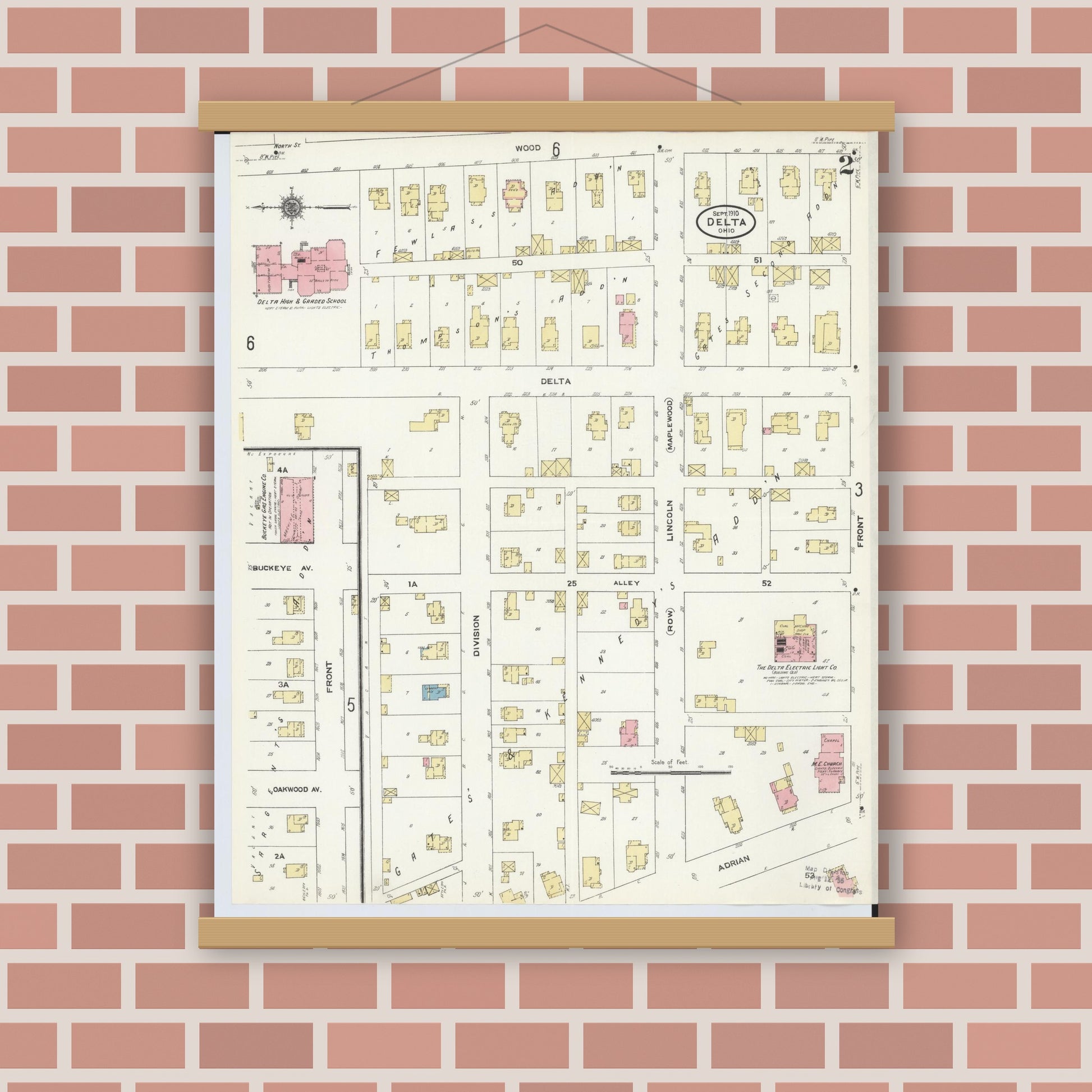 Old map wall art mockup — magnetic wood frame on brick wall — Sanborn Fire Insurance Map from Delta, Fulton County, Ohio (1905), Sheet #0006