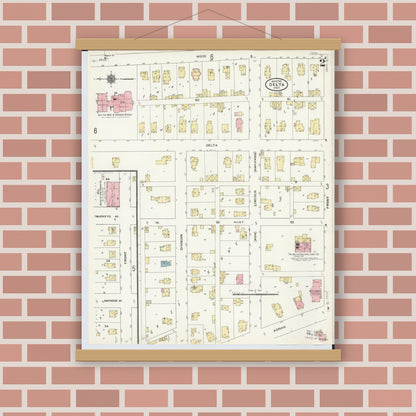 Old map wall art mockup — magnetic wood frame on brick wall — Sanborn Fire Insurance Map from Delta, Fulton County, Ohio (1905), Sheet #0006
