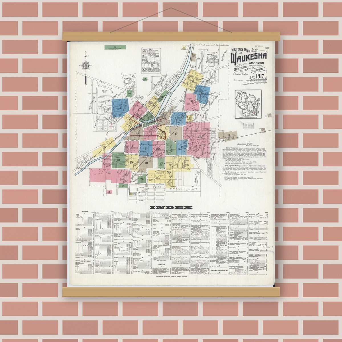Old map wall art mockup — magnetic wood frame on brick wall — Sanborn Fire Insurance Map from Waukesha, Waukesha County, Wisconsin (1917) - Complete Map Set