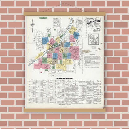 Old map wall art mockup — magnetic wood frame on brick wall — Sanborn Fire Insurance Map from Waukesha, Waukesha County, Wisconsin (1917) - Complete Map Set