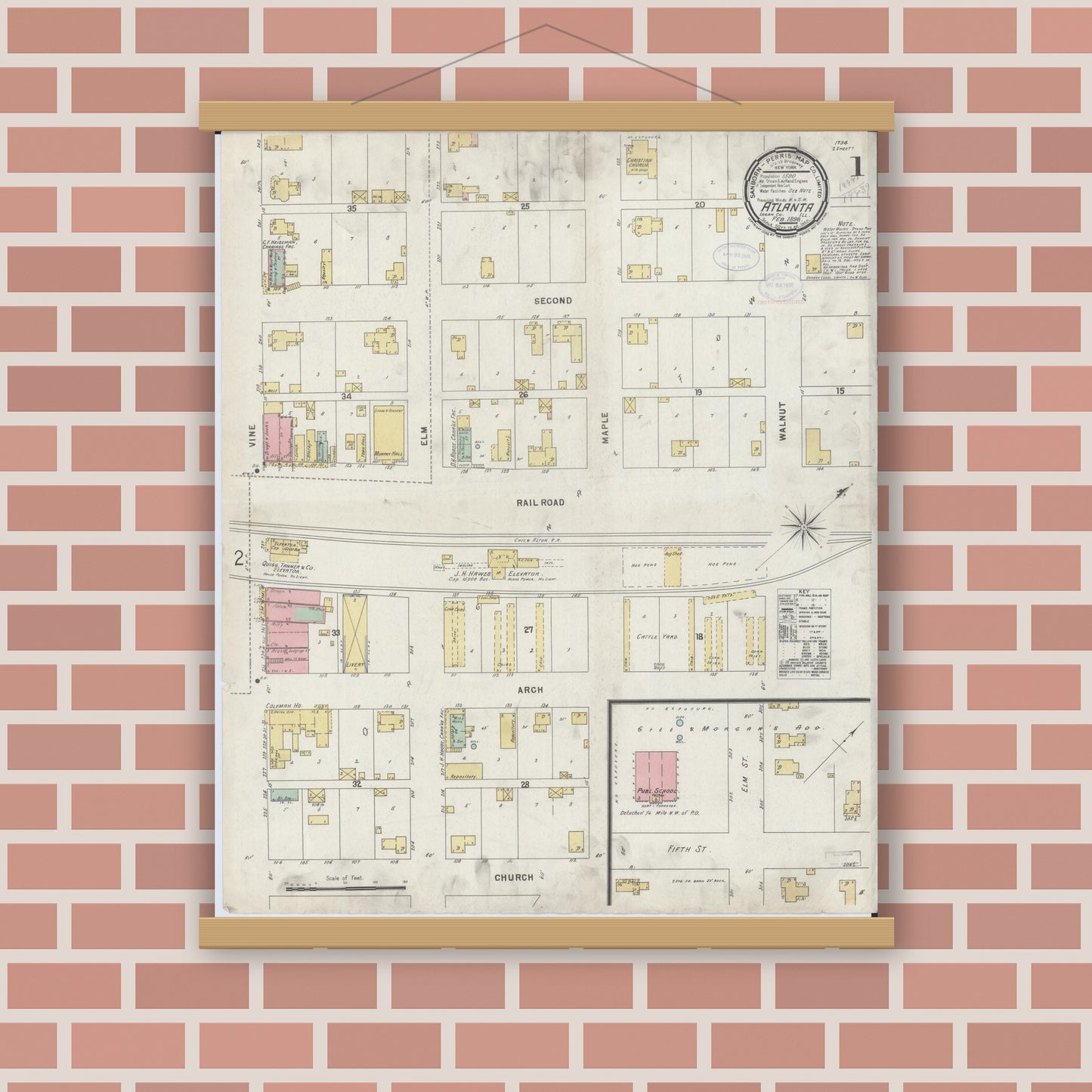 Old map wall art mockup — magnetic wood frame on brick wall — Sanborn Fire Insurance Map from Atlanta, Logan County, Illinois (1898), Sheet #0001