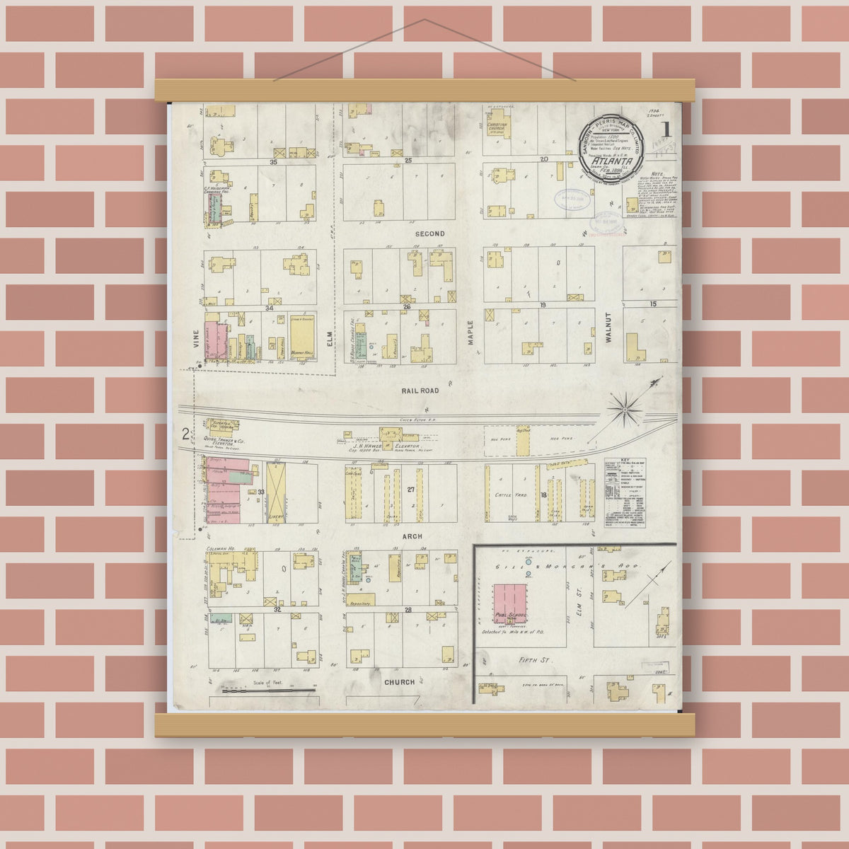 Old map wall art mockup — magnetic wood frame on brick wall — Sanborn Fire Insurance Map from Atlanta, Logan County, Illinois (1898), Sheet #0001