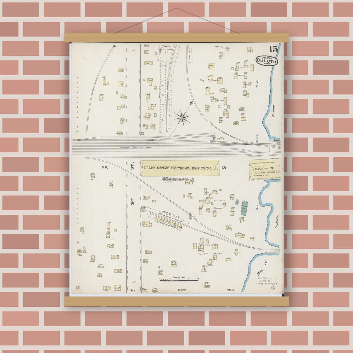 Old map wall art mockup — magnetic wood frame on brick wall — Sanborn Fire Insurance Map from Duluth, Saint Louis County, Minnesota (1885), Sheet #0015