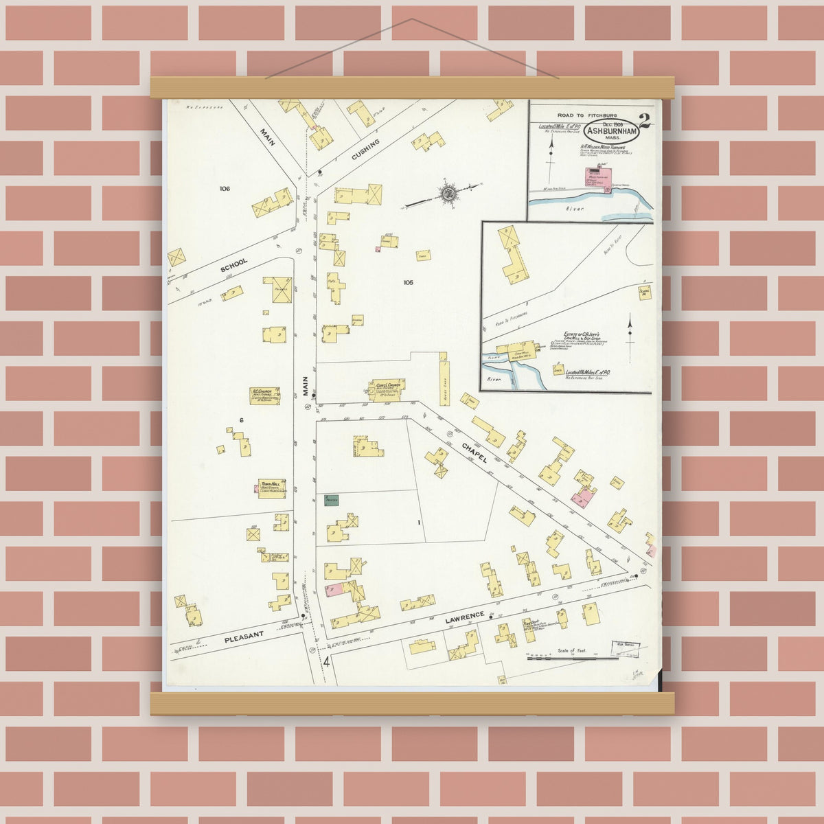 Old map wall art mockup — magnetic wood frame on brick wall — Sanborn Fire Insurance Map from Ashburnham, Worcester County, Massachusetts (1909), Sheet #0002