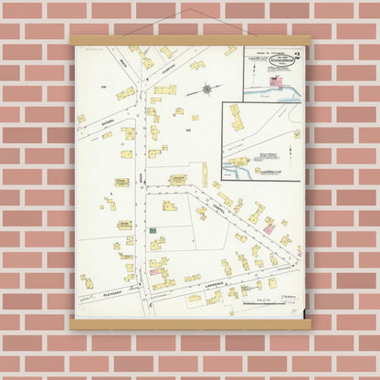 Old map wall art mockup — magnetic wood frame on brick wall — Sanborn Fire Insurance Map from Ashburnham, Worcester County, Massachusetts (1909), Sheet #0002