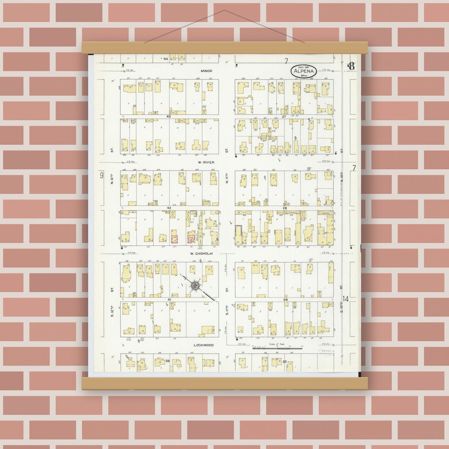 Old map wall art mockup — magnetic wood frame on brick wall — Sanborn Fire Insurance Map from Alpena, Alpena County, Michigan (1910), Sheet #0008
