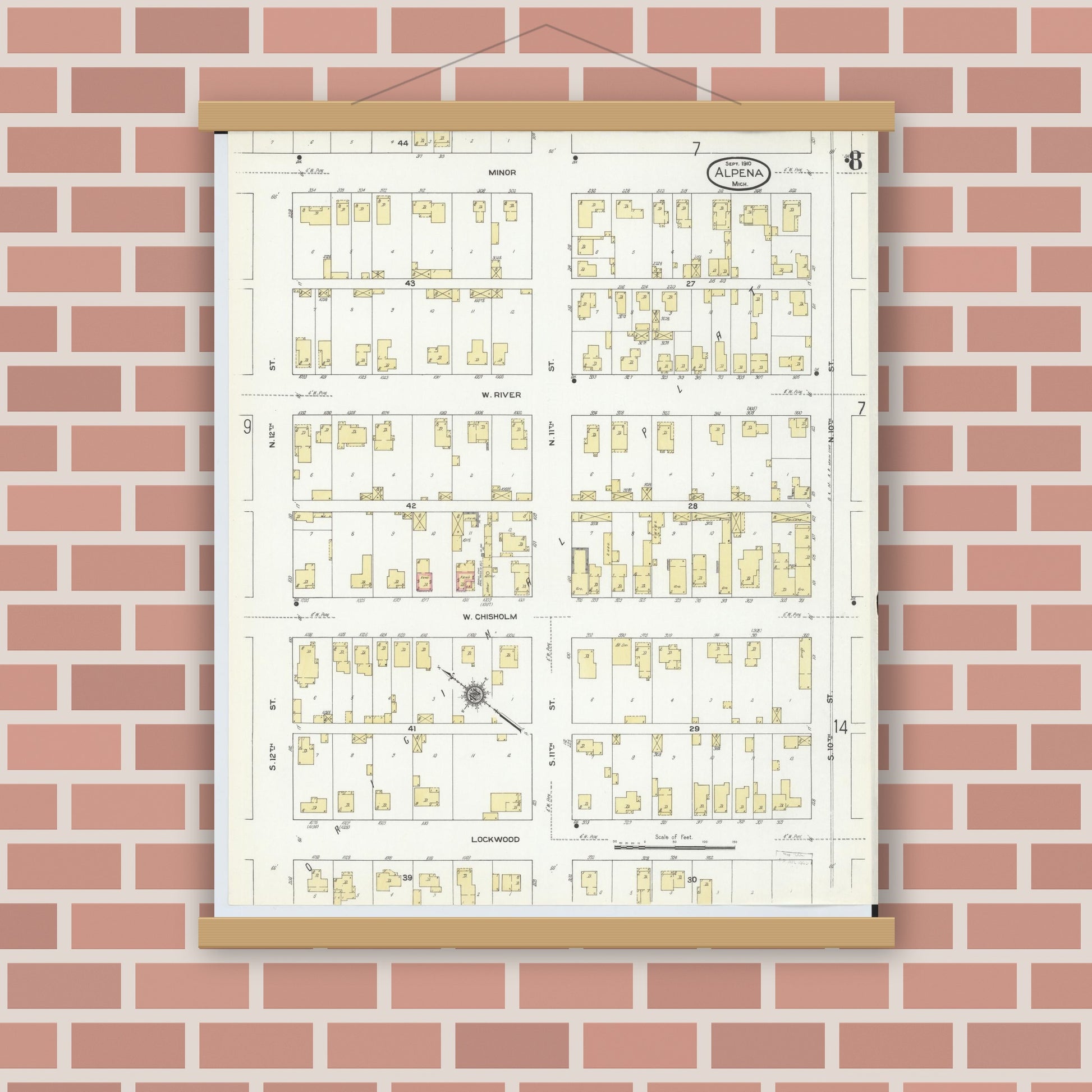 Old map wall art mockup — magnetic wood frame on brick wall — Sanborn Fire Insurance Map from Alpena, Alpena County, Michigan (1910), Sheet #0008