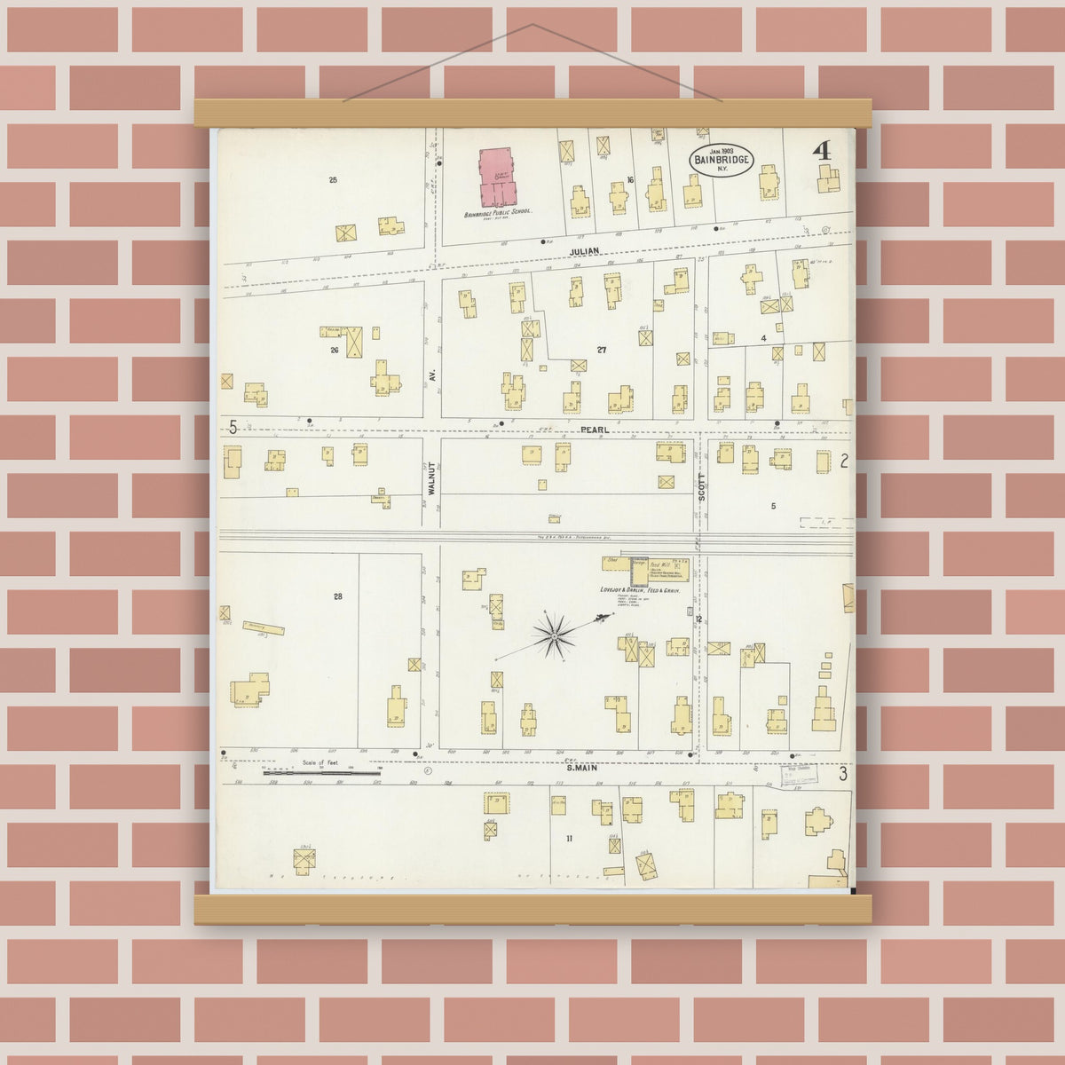 Old map wall art mockup — magnetic wood frame on brick wall — Sanborn Fire Insurance Map from Bainbridge, Chenango County, New York (1903), Sheet #0004