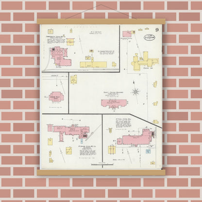 Old map wall art mockup — magnetic wood frame on brick wall — Sanborn Fire Insurance Map from Durham, Durham County, North Carolina (1898), Sheet #0009