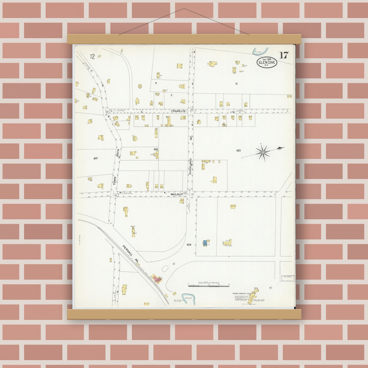 Old map wall art mockup — magnetic wood frame on brick wall — Sanborn Fire Insurance Map from Glen Cove, Nassau County, New York (1908), Sheet #0017