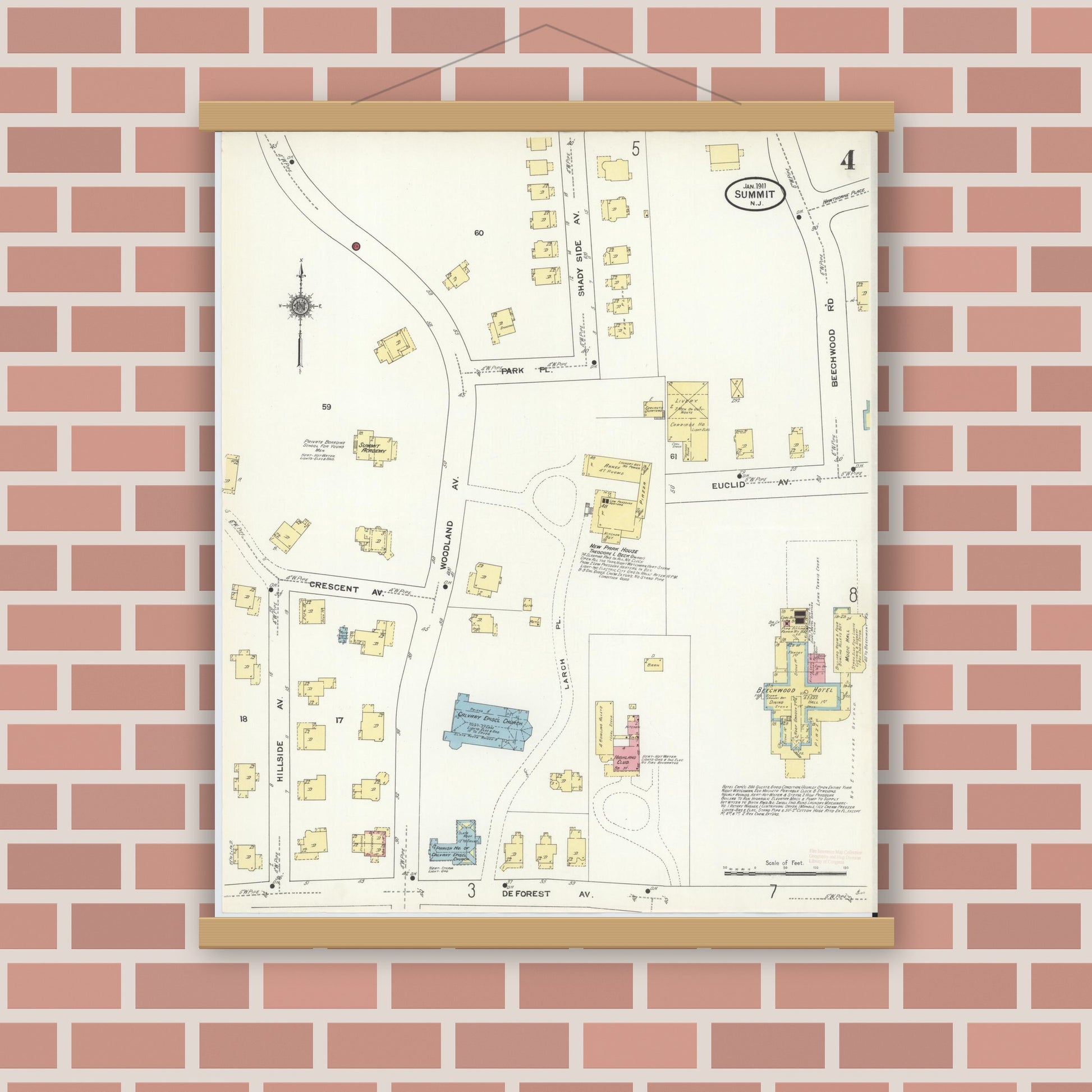 Old map wall art mockup — magnetic wood frame on brick wall — Sanborn Fire Insurance Map from Summit, Union County, New Jersey (1911), Sheet #0004