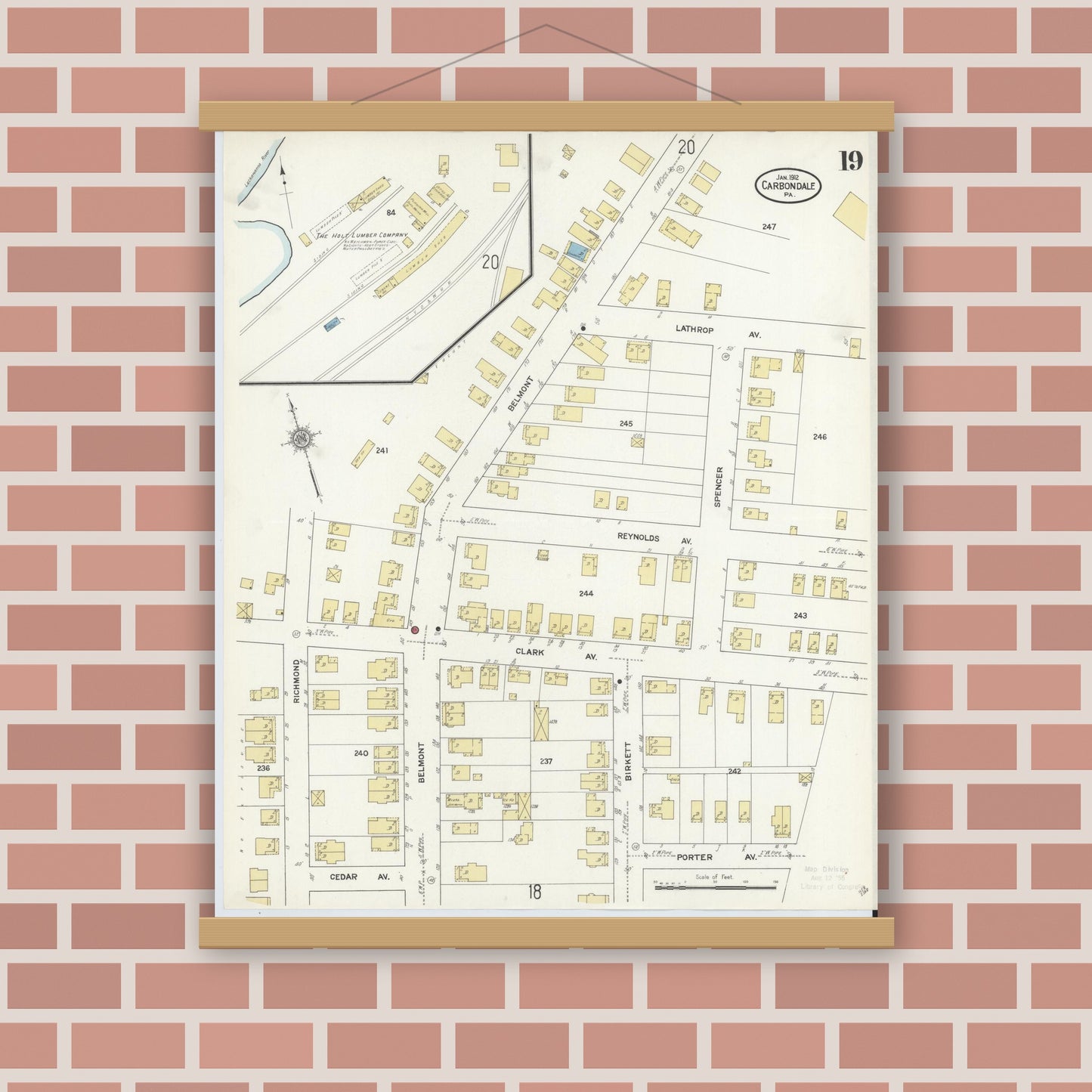 Old map wall art mockup — magnetic wood frame on brick wall — Sanborn Fire Insurance Map from Carbondale, Lackawanna County, Pennsylvania (1912), Sheet #0019