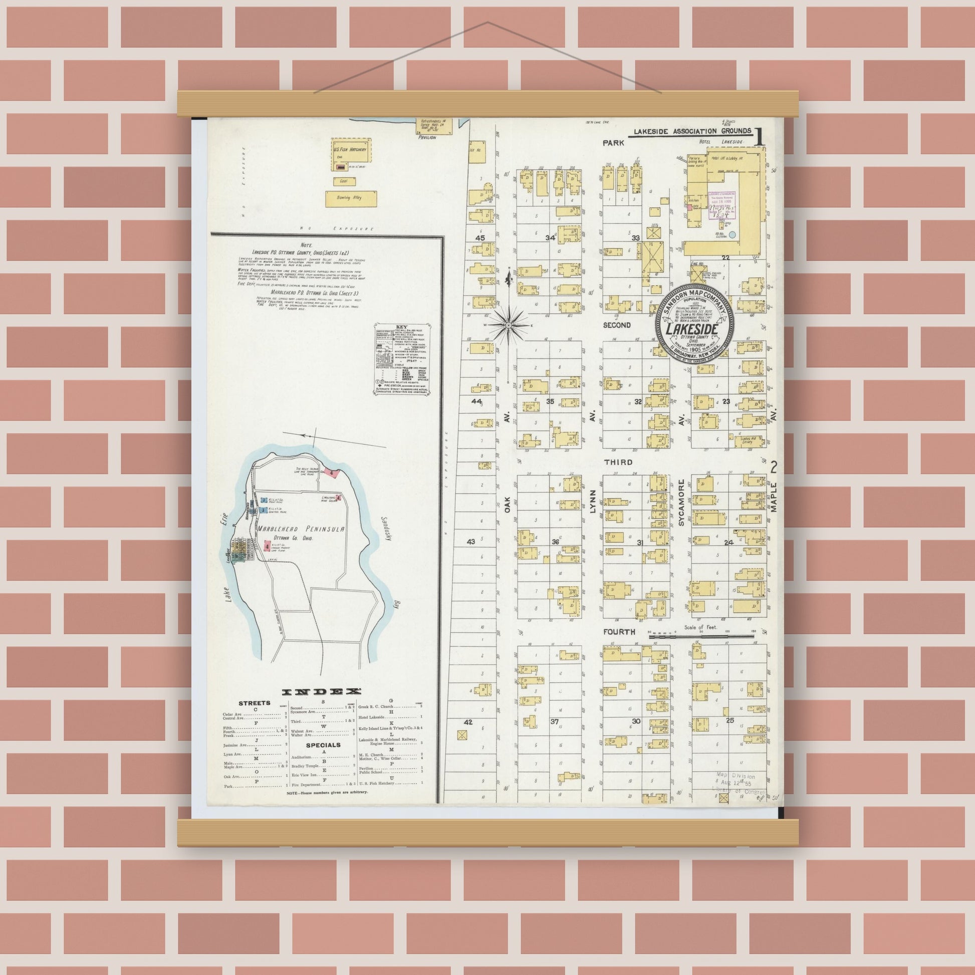 Old map wall art mockup — magnetic wood frame on brick wall — Sanborn Fire Insurance Map from Lakeside, Ottawa County, Ohio (1905) - Complete Map Set