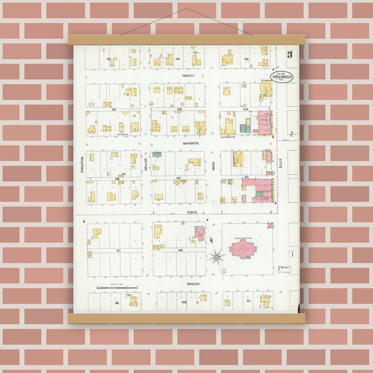 Old map wall art mockup — magnetic wood frame on brick wall — Sanborn Fire Insurance Map from Groesbeck, Limestone County, Texas (1901), Sheet #0003