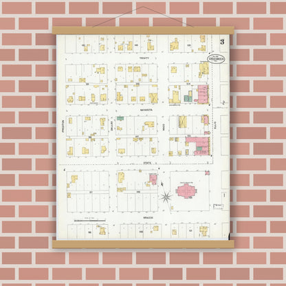 Old map wall art mockup — magnetic wood frame on brick wall — Sanborn Fire Insurance Map from Groesbeck, Limestone County, Texas (1901), Sheet #0003