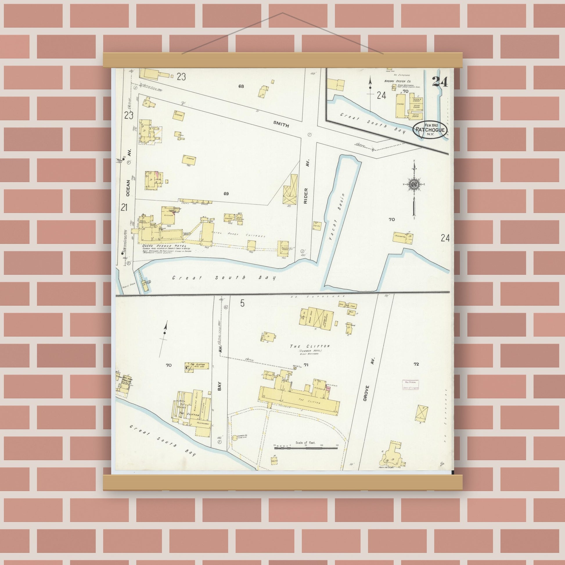 Old map wall art mockup — magnetic wood frame on brick wall — Sanborn Fire Insurance Map from Patchogue, Suffolk County, New York (1910), Sheet #0024