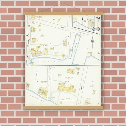 Old map wall art mockup — magnetic wood frame on brick wall — Sanborn Fire Insurance Map from Patchogue, Suffolk County, New York (1910), Sheet #0024