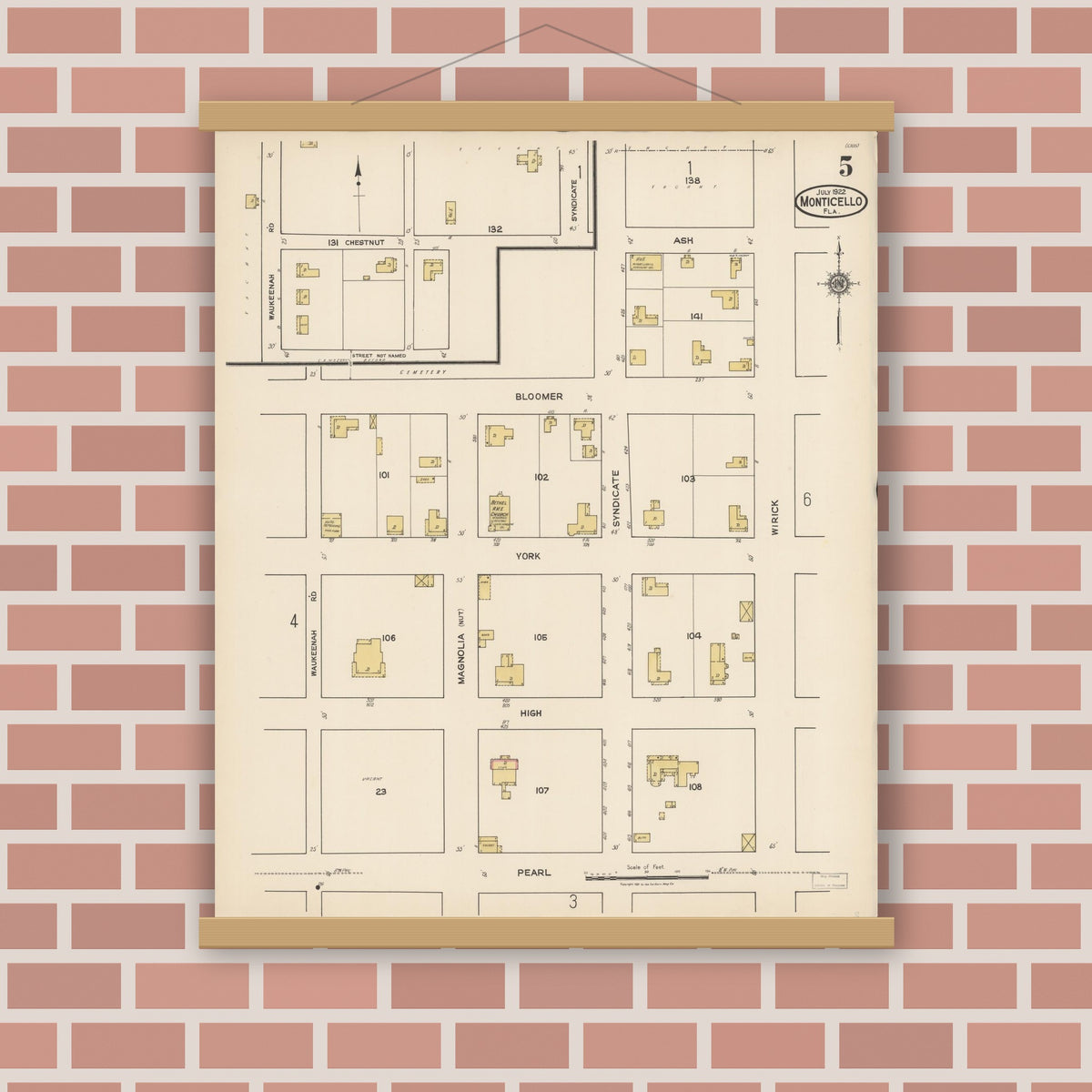 Old map wall art mockup — magnetic wood frame on brick wall — Sanborn Fire Insurance Map from Monticello, Jefferson County, Florida (1922), Sheet #0005