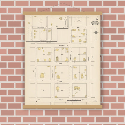 Old map wall art mockup — magnetic wood frame on brick wall — Sanborn Fire Insurance Map from Monticello, Jefferson County, Florida (1922), Sheet #0005