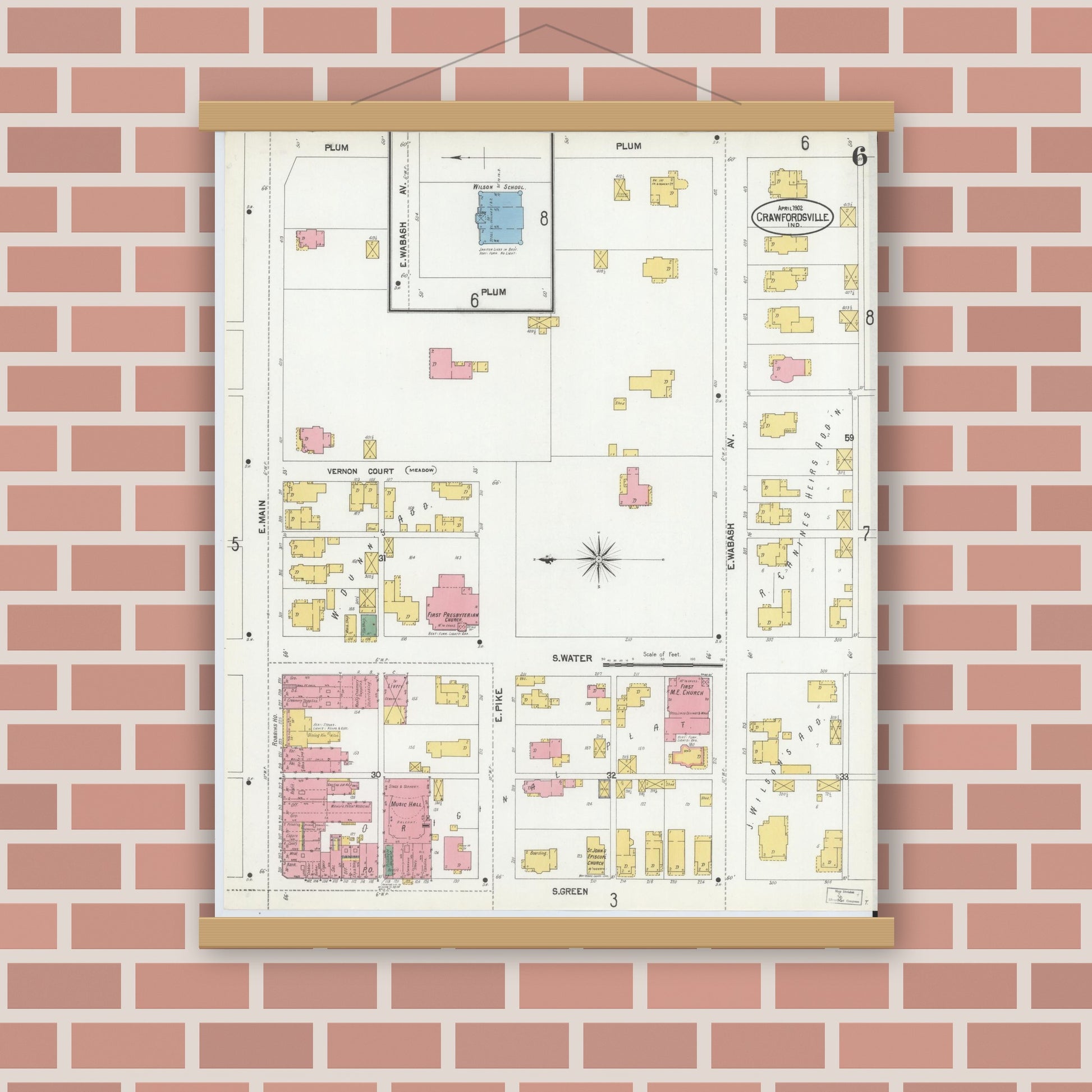 Old map wall art mockup — magnetic wood frame on brick wall — Sanborn Fire Insurance Map from Crawfordsville, Montgomery County, Indiana (1902), Sheet #0006