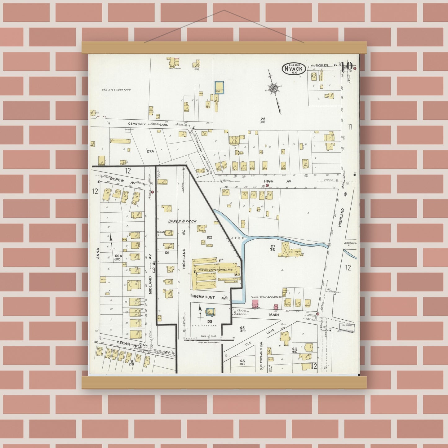Old map wall art mockup — magnetic wood frame on brick wall — Sanborn Fire Insurance Map from Nyack, Rockland County, New York. (1919), Sheet #0010