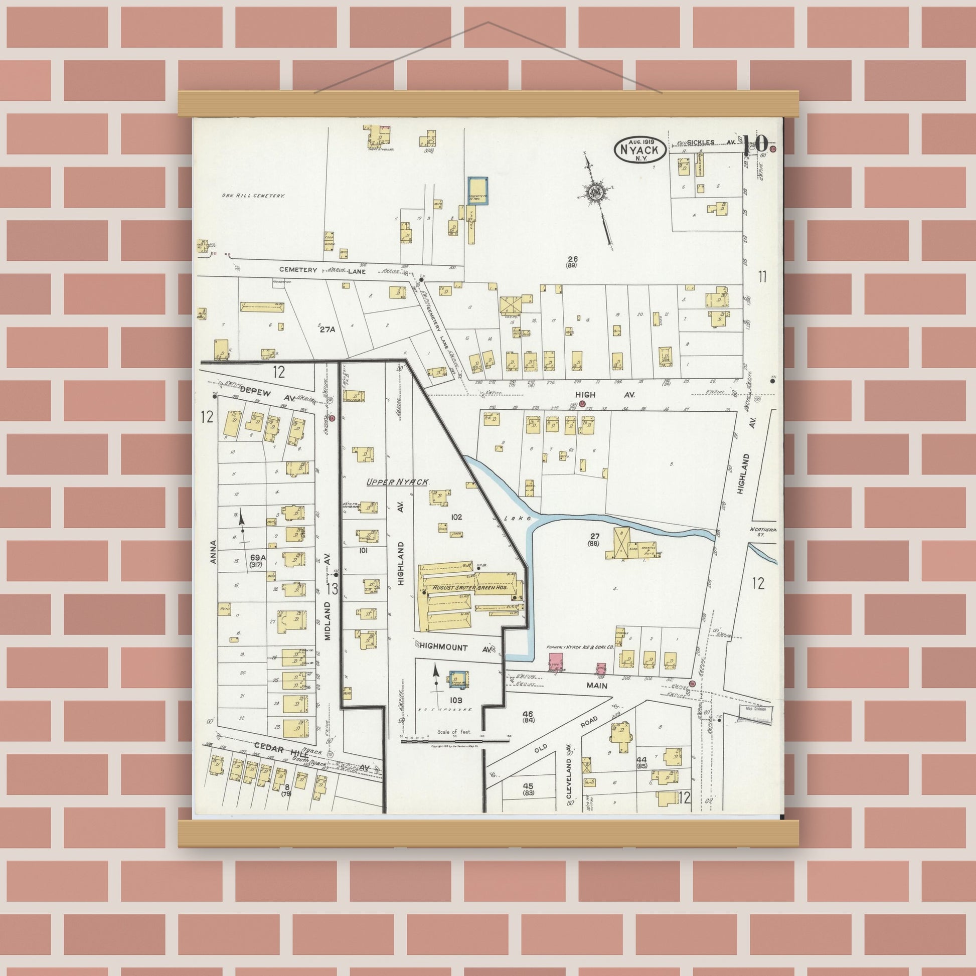 Old map wall art mockup — magnetic wood frame on brick wall — Sanborn Fire Insurance Map from Nyack, Rockland County, New York. (1919), Sheet #0010