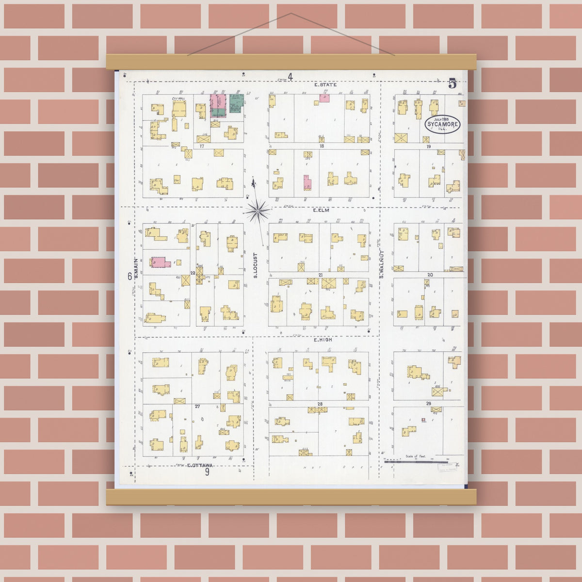 Old map wall art mockup — magnetic wood frame on brick wall — Sanborn Fire Insurance Map from Sycamore, De Kalb County, Illinois (1905), Sheet #0005