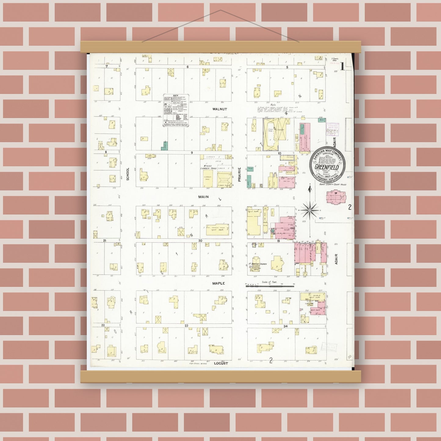 Old map wall art mockup — magnetic wood frame on brick wall — Sanborn Fire Insurance Map from Greenfield, Adair County, Iowa (1907) â€” Complete Set