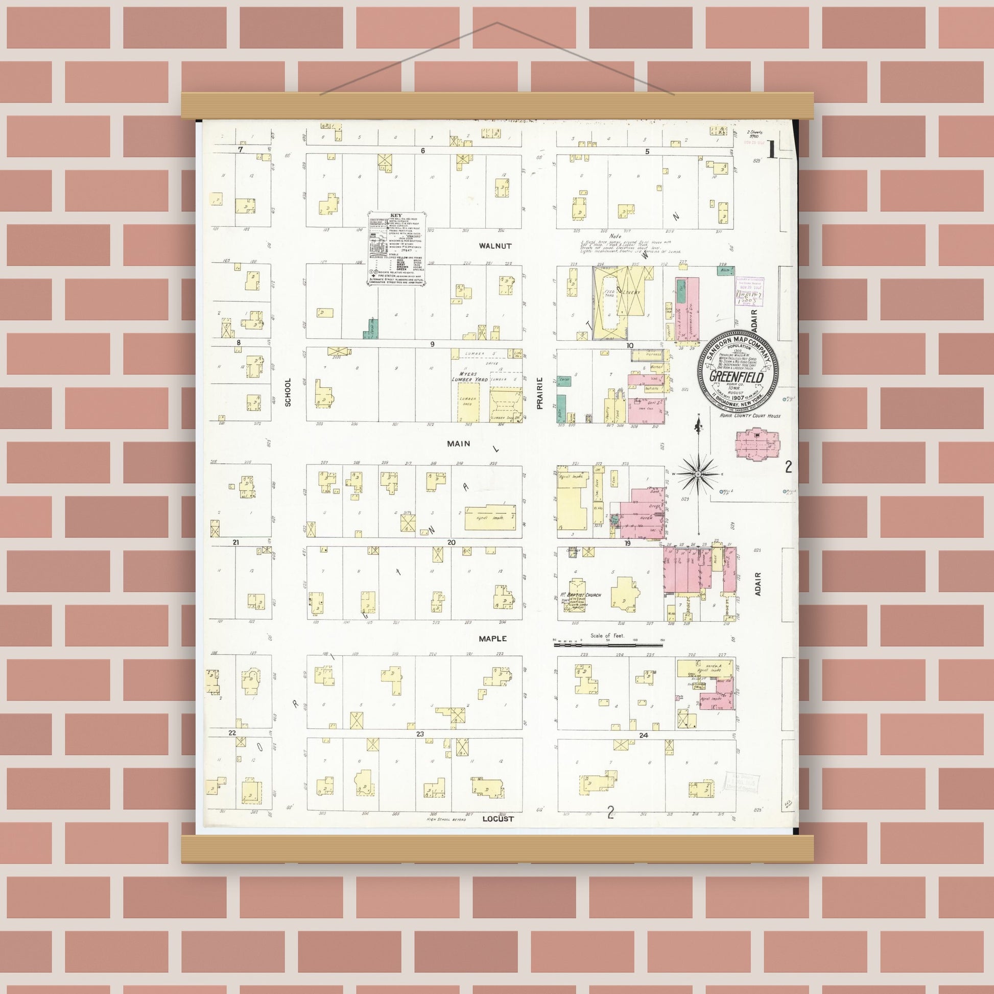 Old map wall art mockup — magnetic wood frame on brick wall — Sanborn Fire Insurance Map from Greenfield, Adair County, Iowa (1907) â€” Complete Set