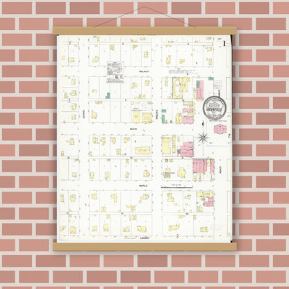 Old map wall art mockup — magnetic wood frame on brick wall — Sanborn Fire Insurance Map from Greenfield, Adair County, Iowa (1907) â€” Complete Set