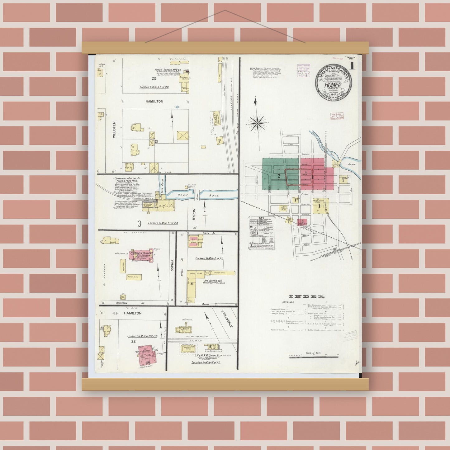 Old map wall art mockup — magnetic wood frame on brick wall — Sanborn Fire Insurance Map from Homer, Calhoun County, Michigan (1907) - Complete Map Set