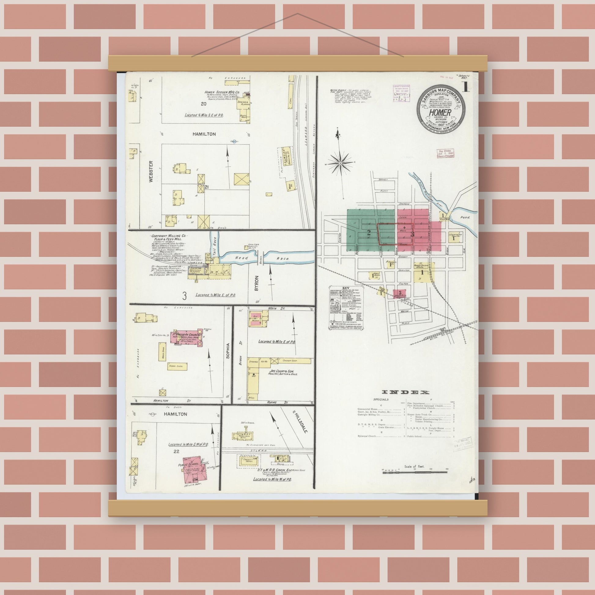 Old map wall art mockup — magnetic wood frame on brick wall — Sanborn Fire Insurance Map from Homer, Calhoun County, Michigan (1907) - Complete Map Set