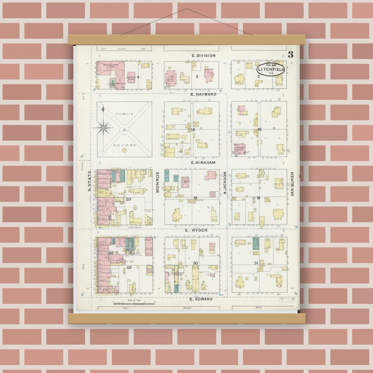 Old map wall art mockup — magnetic wood frame on brick wall — Sanborn Fire Insurance Map from Litchfield, Montgomery County, Illinois (1892), Sheet #0003