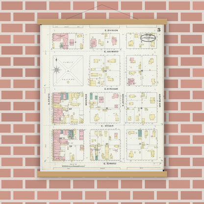 Old map wall art mockup — magnetic wood frame on brick wall — Sanborn Fire Insurance Map from Litchfield, Montgomery County, Illinois (1892), Sheet #0003