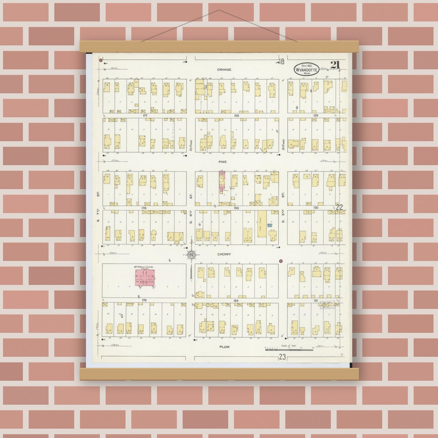 Old map wall art mockup — magnetic wood frame on brick wall — Sanborn Fire Insurance Map from Wyandotte, Wayne County, Michigan (1912), Sheet #0021