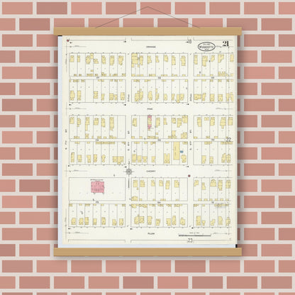 Old map wall art mockup — magnetic wood frame on brick wall — Sanborn Fire Insurance Map from Wyandotte, Wayne County, Michigan (1912), Sheet #0021