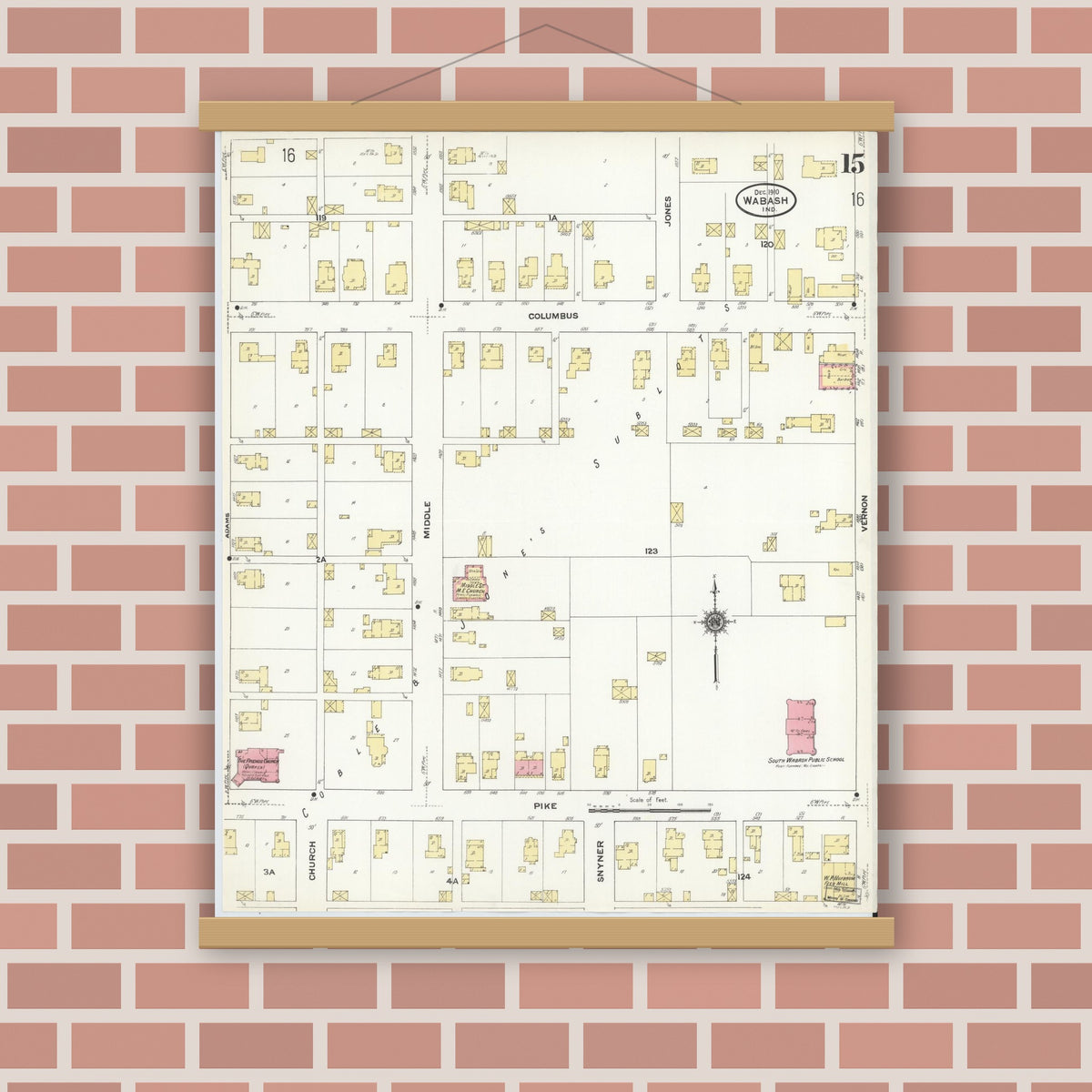 Old map wall art mockup — magnetic wood frame on brick wall — Sanborn Fire Insurance Map from Wabash, Wabash County, Indiana (1910), Sheet #0015